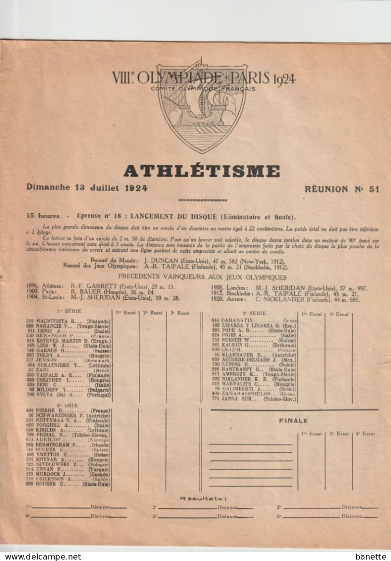 PARIS 1924   JEUX   OLYMPIQUES   ATHLETISME  -  OLYMPICS  GAMES  - JUEGOS OLIMPICOS - Autres & Non Classés
