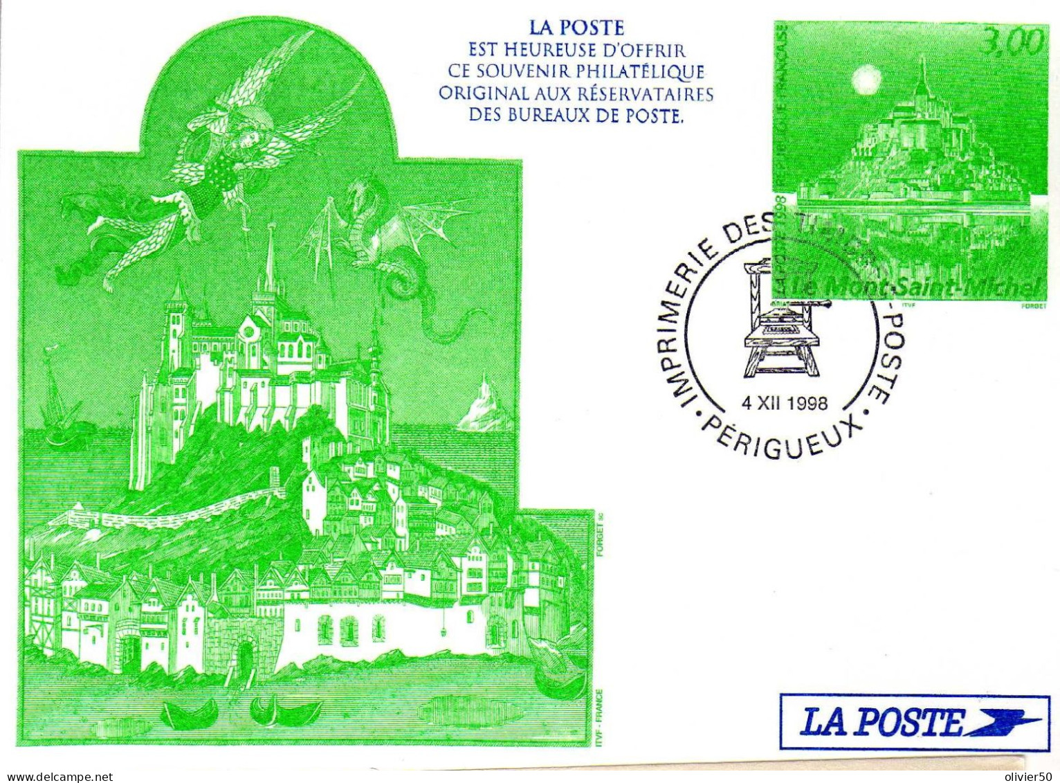 France -  1998 - Carte Souvenir - Le Mont- Saint-Michel- Oblitere - Pseudo-entiers Officiels