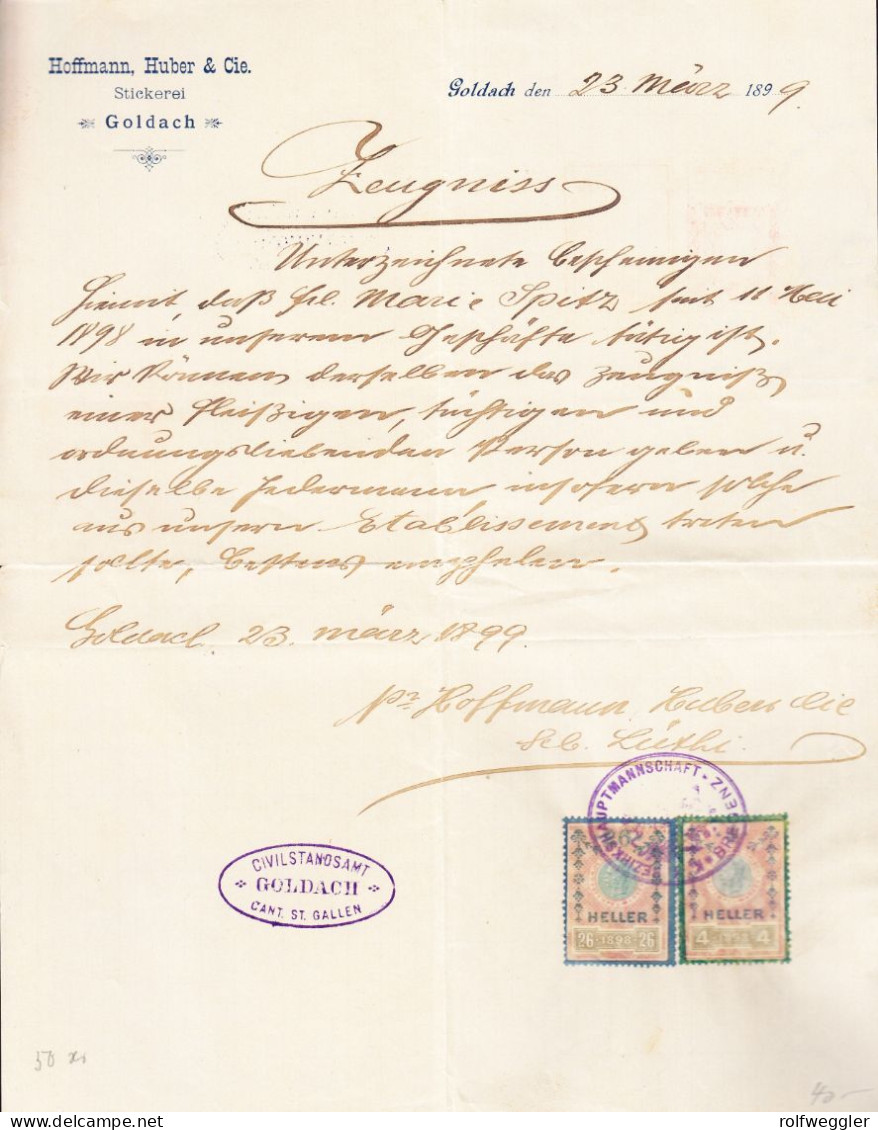 1899 Zeugnis Der Firma Hofmann, Huber & Co. Stickerei In Goldach. Mit österreichischen Gebührenmarken, Stempel  BREGENZ - Revenue Stamps