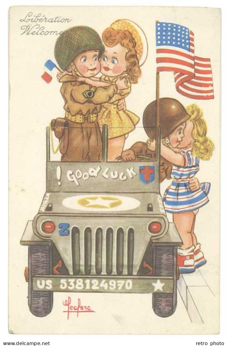 Cpsm Signée Leclerc - Libération Welcome - Patriotique, Usa, Jeep, Drapeau Américain - Leclerc