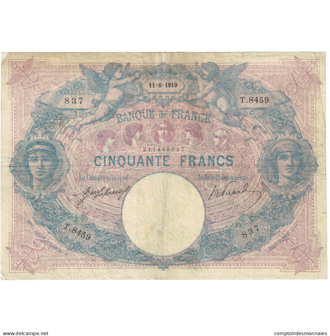 France, 50 Francs, Bleu Et Rose, 1919, T.8459 837, TB, Fayette:14.32, KM:64e - 50 F 1889-1927 ''Bleu Et Rose''