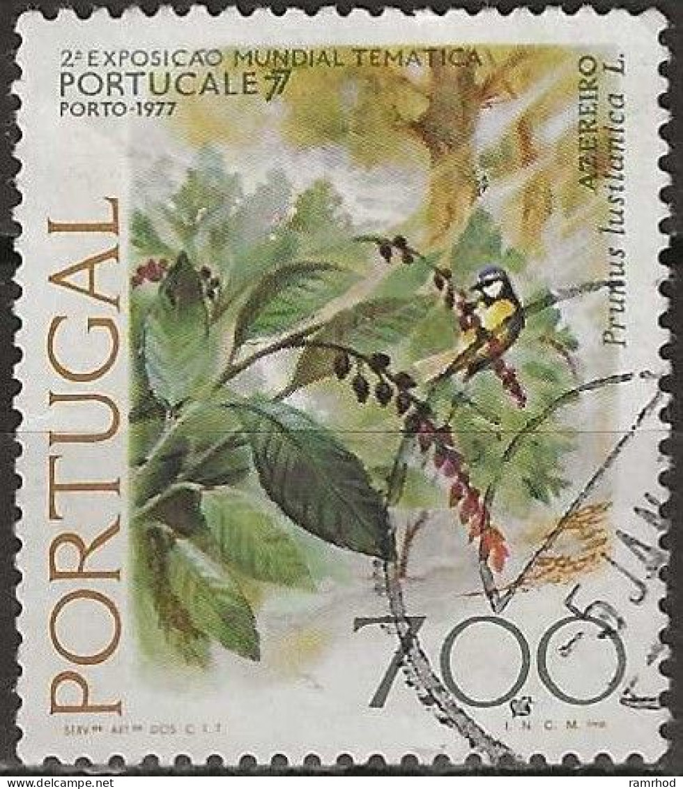 PORTUGAL 1976 Portucale 77 Thematic Stamp Exhibition, Oporto. Flora And Fauna - 7e. - Portuguese Laurel Cherry& Tit - Gebraucht