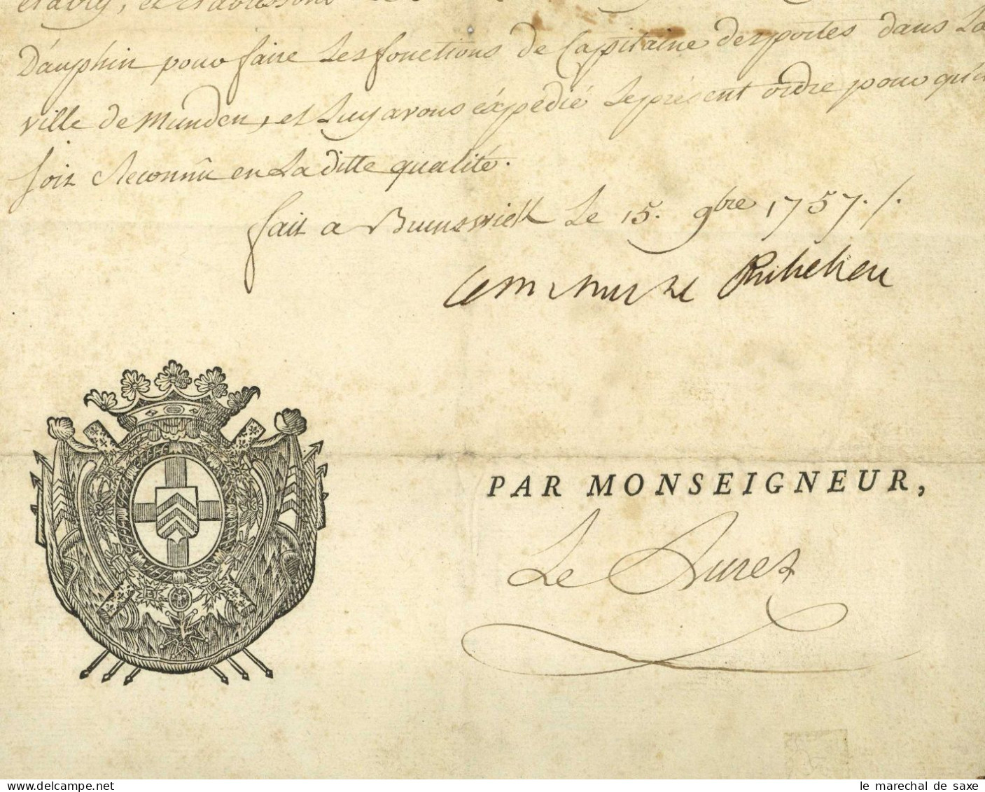 Siebenjähriger Krieg Marschall Richelieu Braunschweig 1757 Hann. Münden Armee Autograph - Personnages Historiques