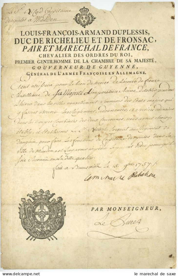Siebenjähriger Krieg Marschall Richelieu Braunschweig 1757 Hann. Münden Armee Autograph - Personaggi Storici