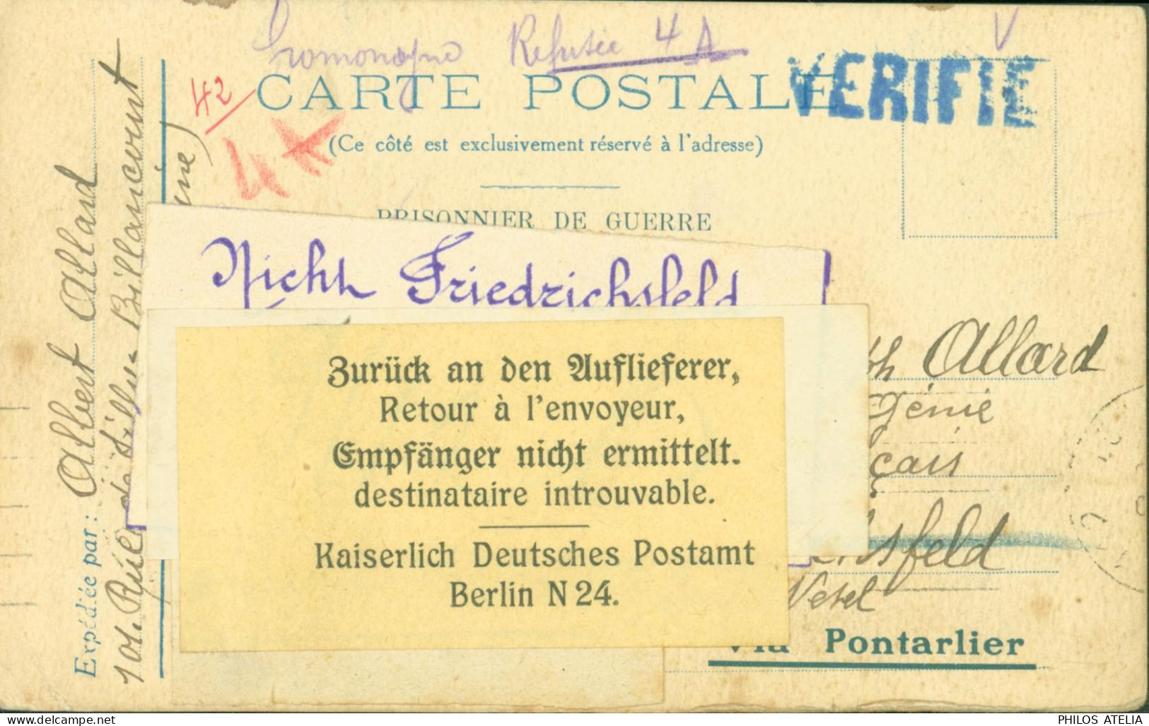 Guerre 14 Carte FM Cachet Vérifié Pour Camp Friedrichsfeld Papillon Retour Envoyeur Destinataire Introuvable Berlin N24 - Oorlog 1914-18