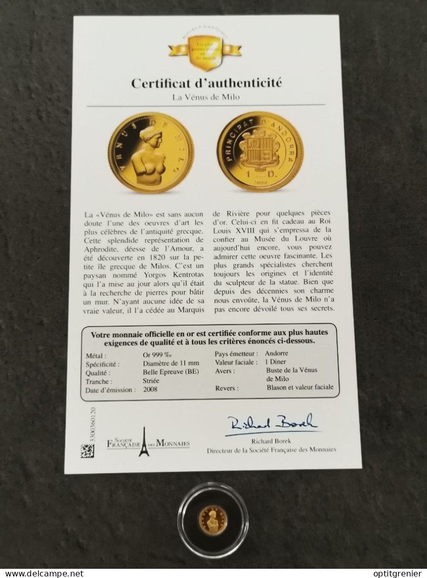 1 DINER OR 2008 BE LA VENUS DE MILO ANDORRE / GOLD / 0.5g Or 999 - Andorre