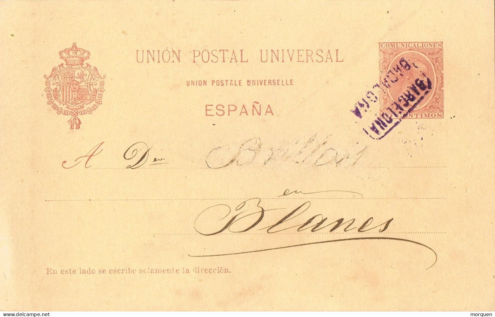 53041. Entero Postal 10 Cts Alfonso XIII Pelon, BADALONA (barcelona) 1897. CARTERIA Oficial II - 1850-1931