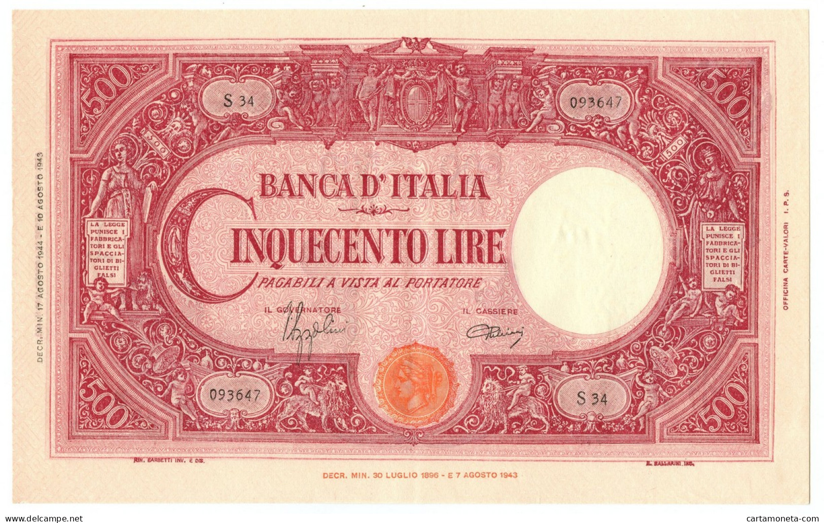 500 LIRE BARBETTI GRANDE C TESTINA RETRO BI RSI 17/08/1944 SUP - Regno D'Italia – Other