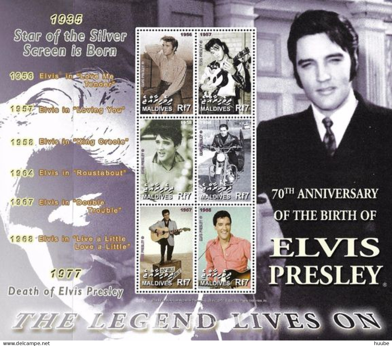 Maldives, 2005, Mi 4485-4490, 70th Anniversary Of The Birth Of Elvis Presley, Sheet Of 6, MNH - Elvis Presley