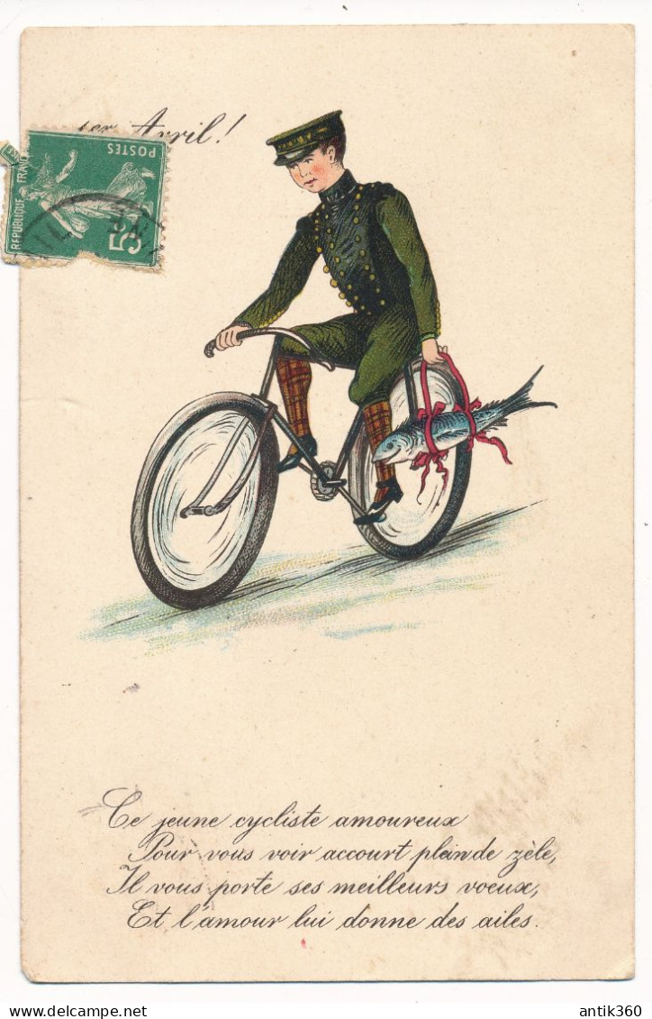 CPA 1er Avril Illustrateur Soldat Militaire à Bicyclette Cycliste Cyclisme - 1° Aprile (pesce Di Aprile)