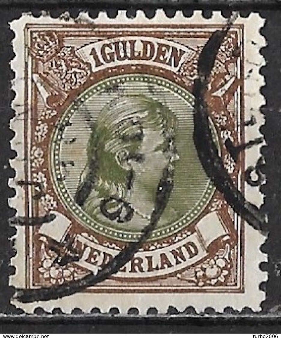 Nederland 1896 Prinses Wilhelmina 1 Gulden Bruin / Olijfgroen Lijntanding 11½ X 11 NVPH 46 B - Gebruikt