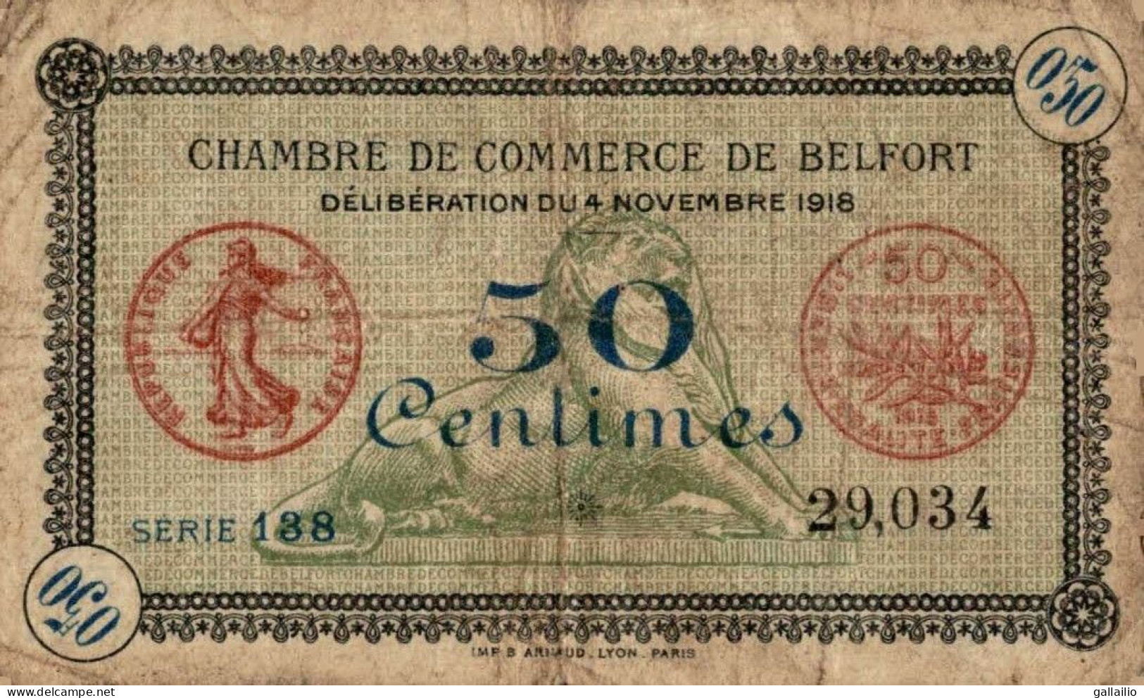 BILLET BON DE NECESSITE CHAMBRE DU COMMERCE DE BELFORT 50 CENTIMES - Bons & Nécessité