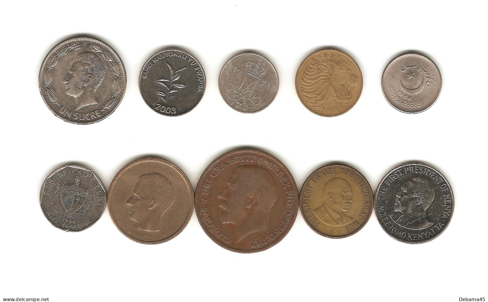 451/ Lot  : 10 Monnaies : Equateur - Rwanda - Danemark - Ethiopie - Pakistan - Cuba - Belgique - G. Bretagne - Kenya - Collections & Lots