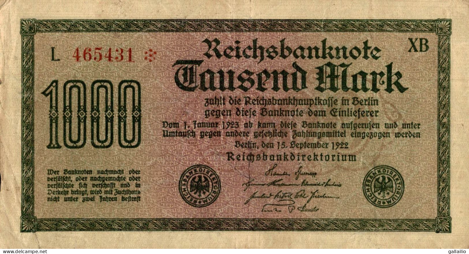 BILLET 1000 MARK BERLIN 1922 - 1.000 Mark