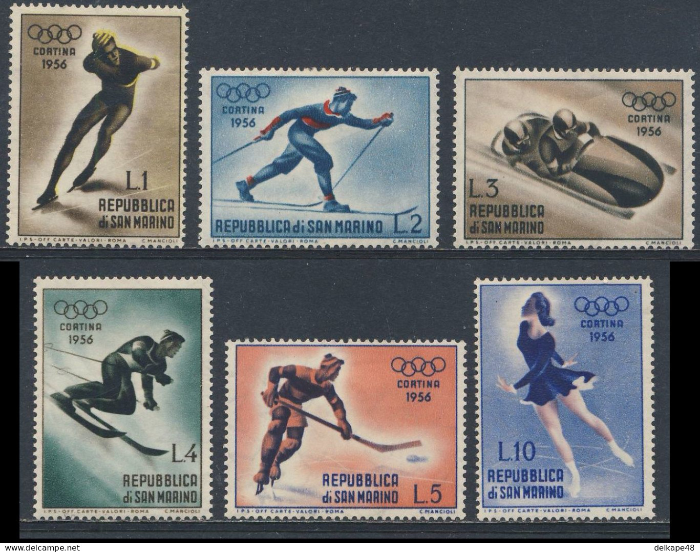 San Marino 1958 Mi 535 //40 YT 402 /7 SG 496 /501 * MH Ice Skating, Skiing, Bobsleigh, Slalom Racing, Ice Hockey, Figure - Winter 1956: Cortina D'Ampezzo