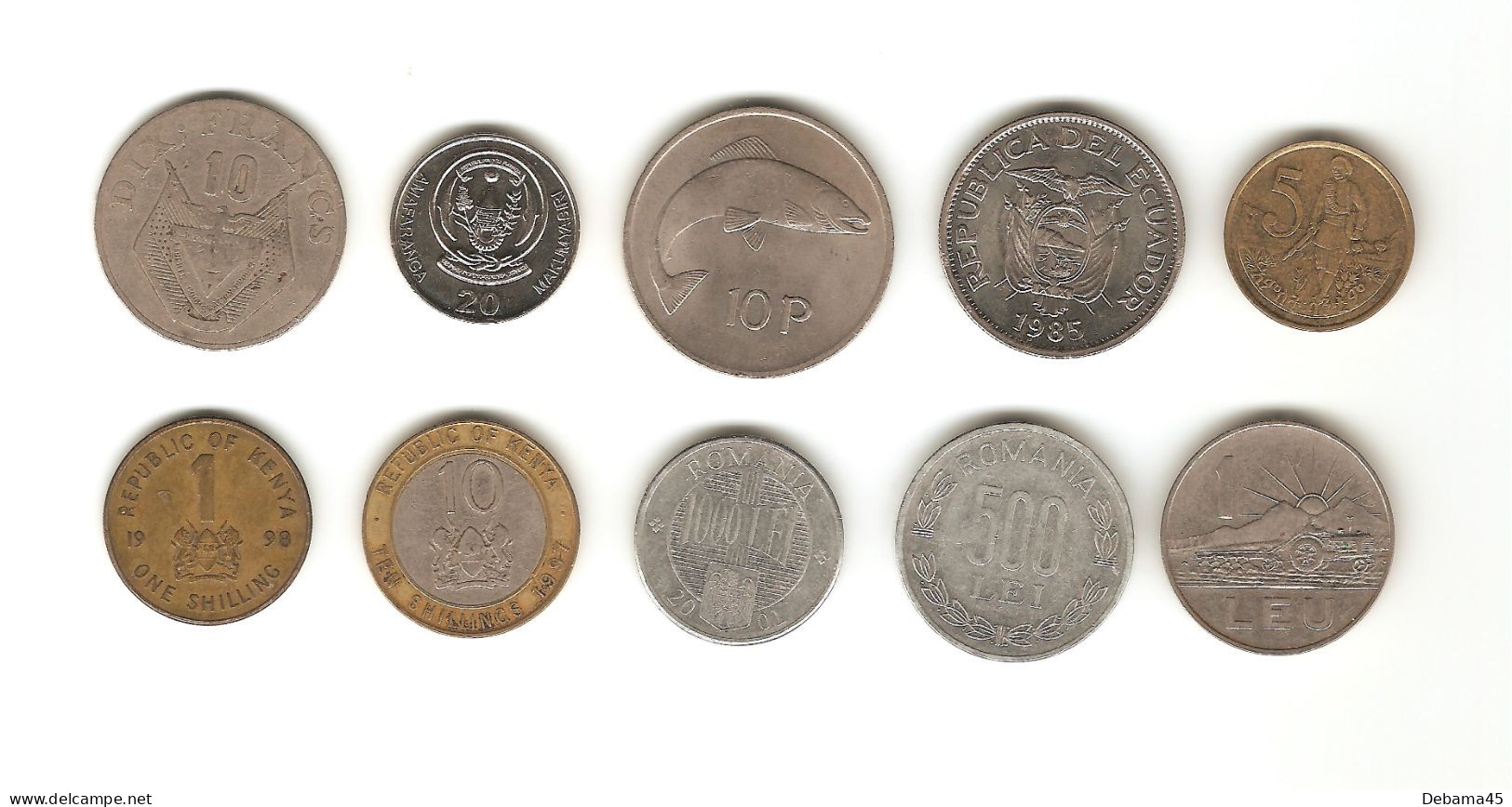 454/ Lot  : 10 Monnaies : Rwanda - Irlande - Equateur - Ethiopie - Kenya - Roumanie - Collections & Lots