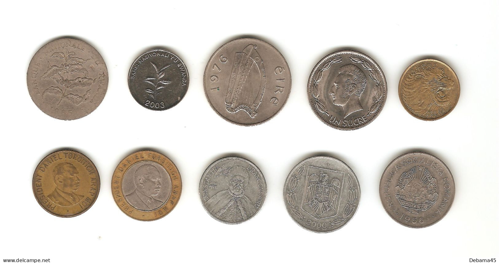454/ Lot  : 10 Monnaies : Rwanda - Irlande - Equateur - Ethiopie - Kenya - Roumanie - Verzamelingen & Kavels