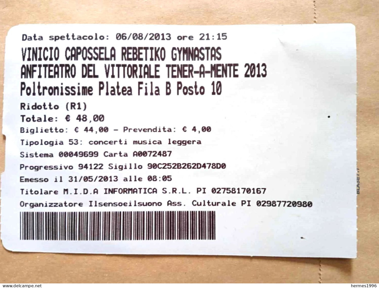 BIGLIETTO   CONCERTO  VINICIO   CAPOSSELA   2013 - Tickets De Concerts