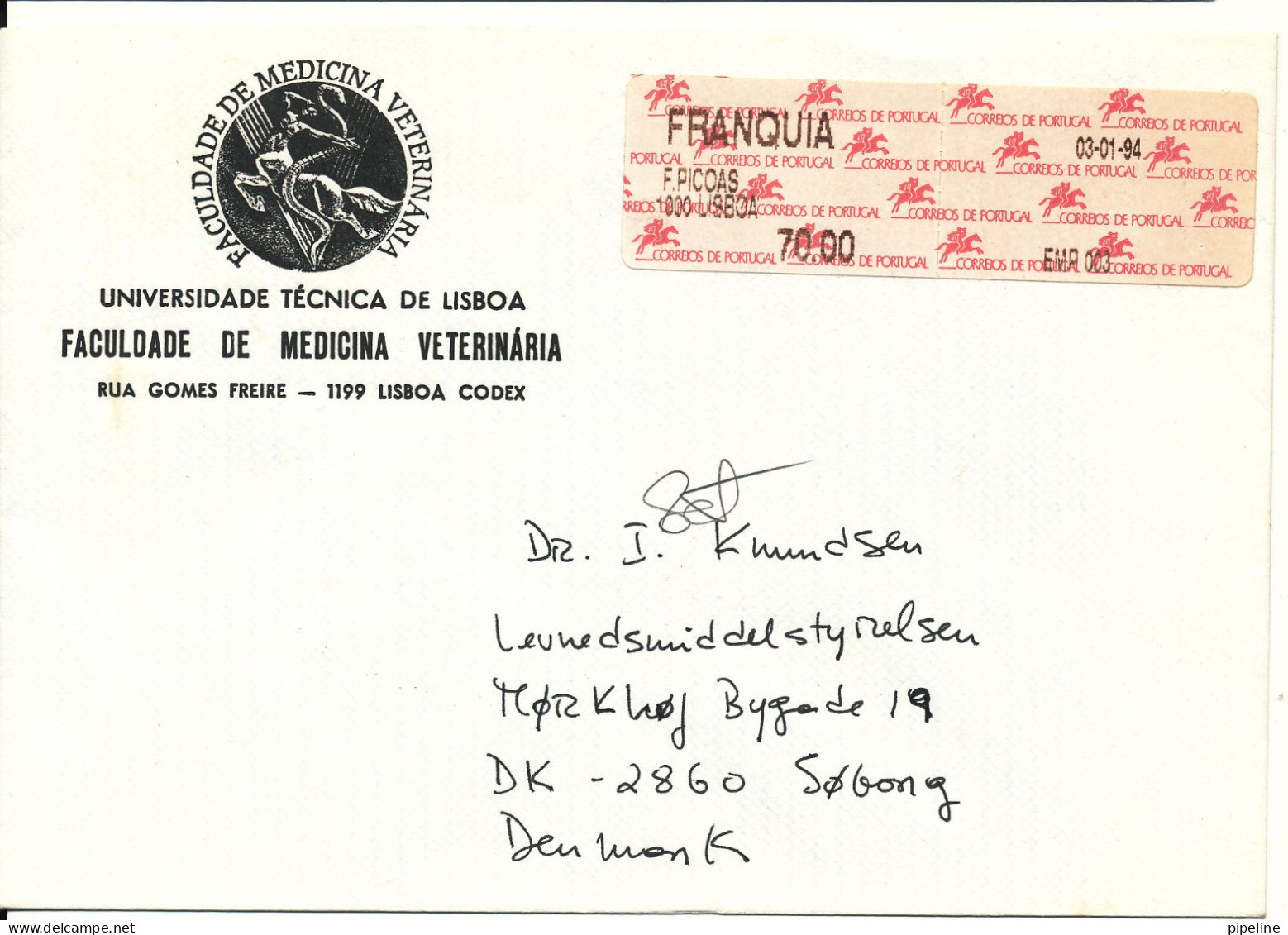 Portugal Cover With Franking Label Sent To Denmark Lisboa 3-1-1994 - Covers & Documents