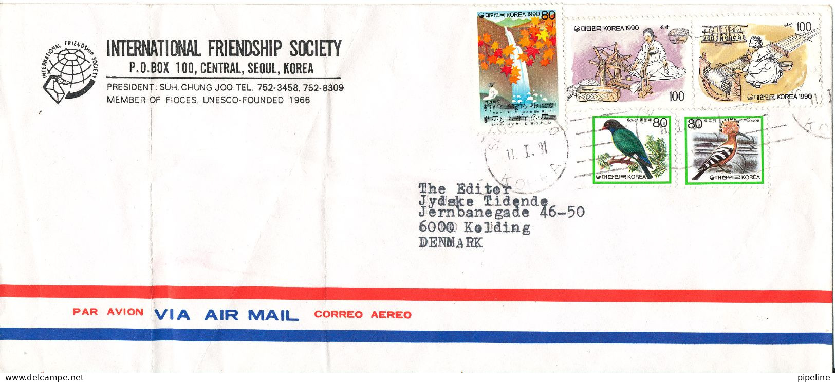 Korea South Air Mail Cover Sent To Denmark 11-1-1991 Topic Stamps (the Cover Is Folded In The Left Side) - Corée Du Sud