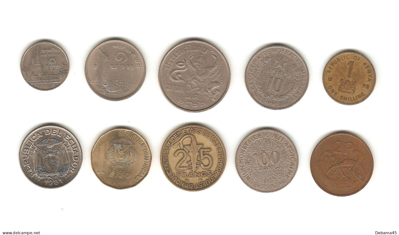 472/ Lot  : 10 Monnaies : Thaïlande - Madagascar - Kenya - Equateur - Rép. Dominicaine - Afrique De L'Ouest - Irlande - Collezioni E Lotti