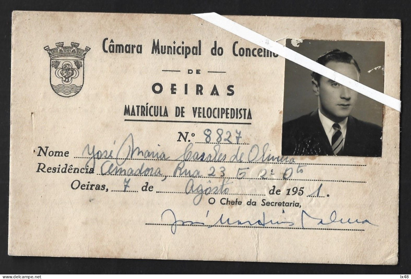 Cyclist Card Issued In 1951 By Municipality Oeiras. Cartão Ciclista Emitido 1951 Concelho De Oeiras. Radfahrerkarte, Aus - Tweewielers