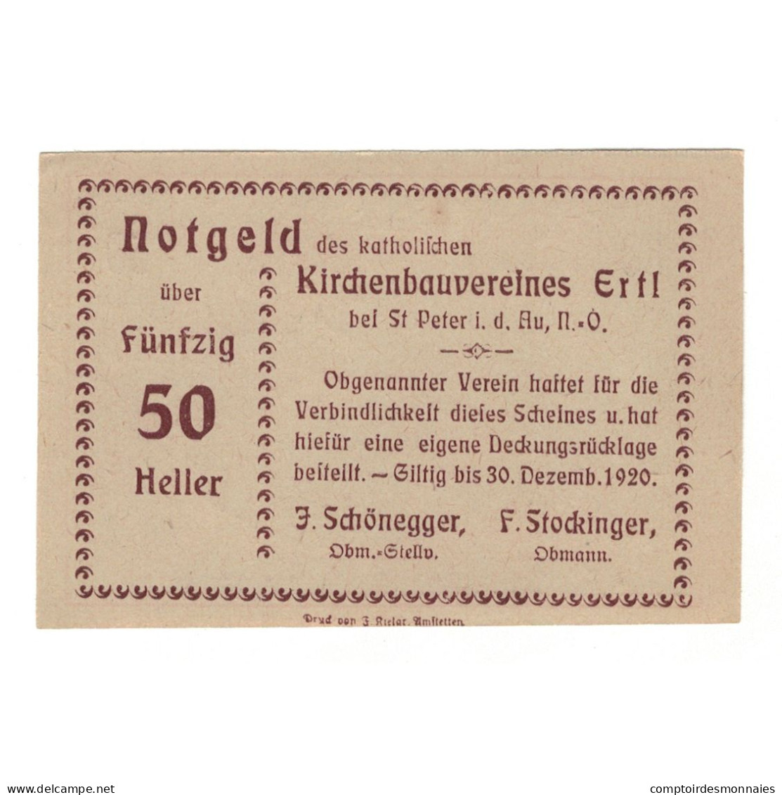 Billet, Autriche, Ertl N.Ö. Prv. Katholischer Kirchenbauverein Ertl, 50 Heller - Oesterreich