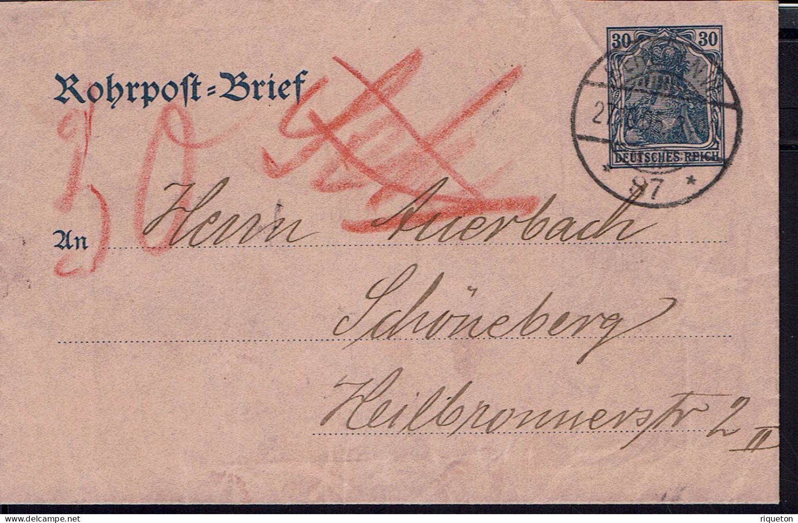 Allemagne. Enveloppe Pneumatique 30 Pf  De Berlin Du 27-X-1905 Pour Schoneberg. B/TB. - Briefe
