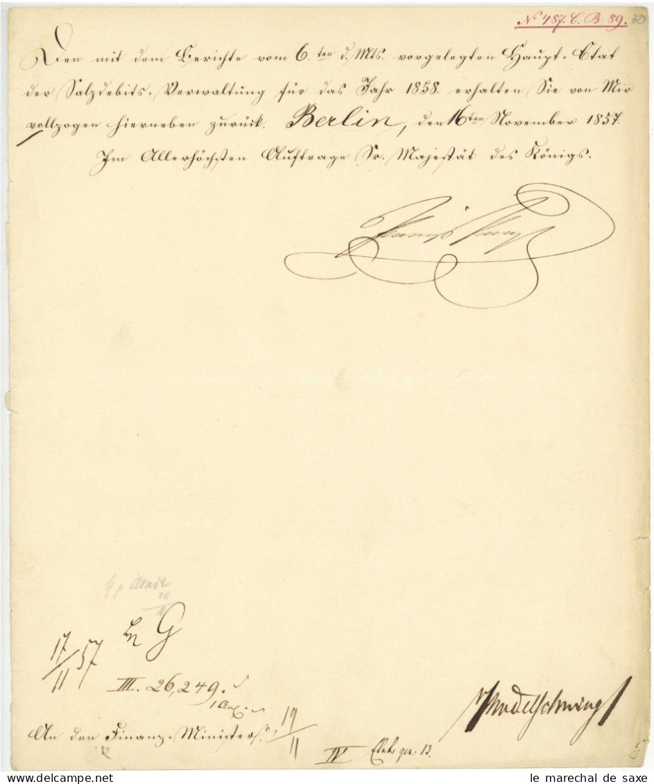 Preußen Kaiser Wilhelm I. (1797-1888) Autograph Als Prinz Berlin 1857 Bodelschwingh - Familles Royales