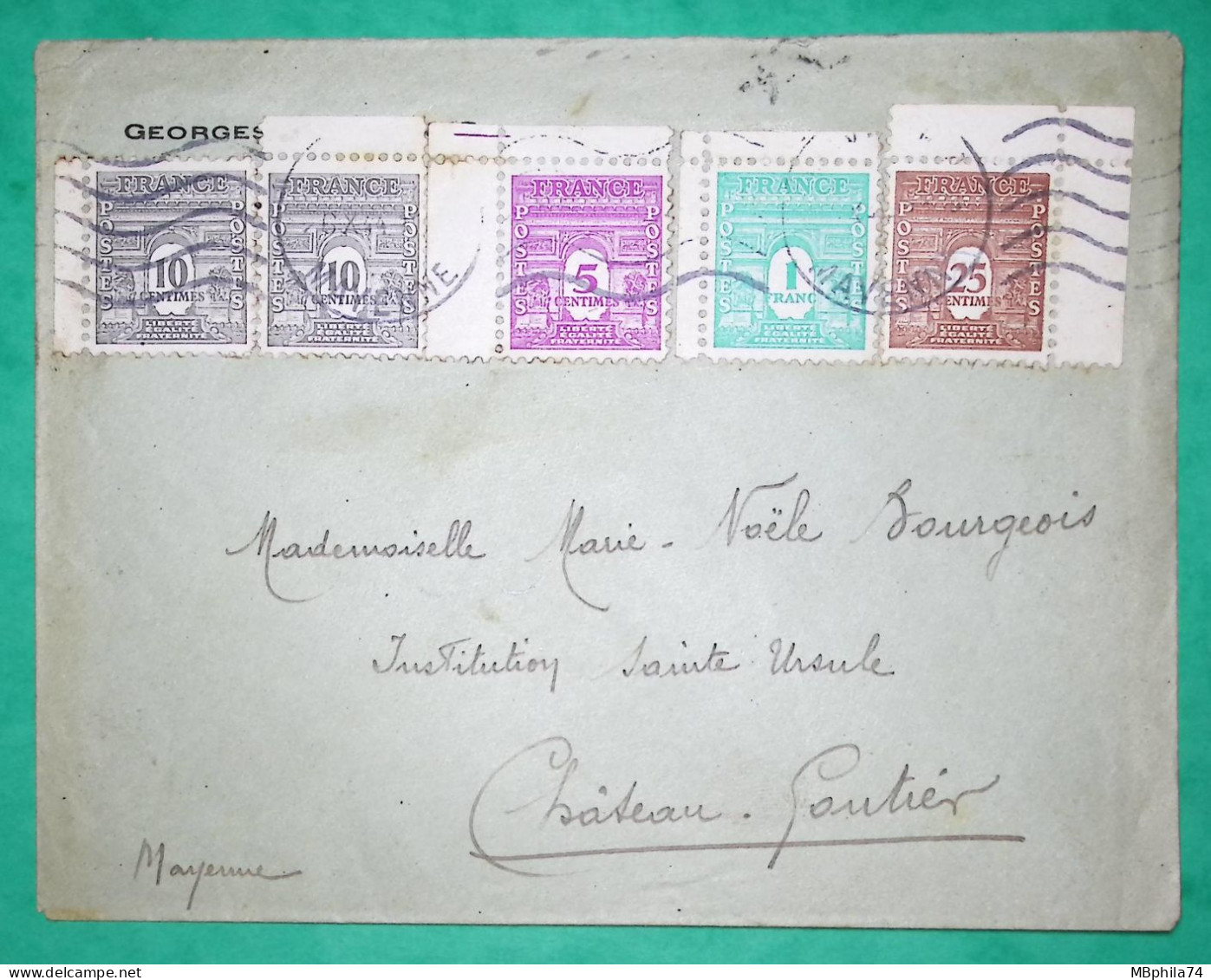 N°620 + 621 + 622 + 624 BEL AFFRANCHISSEMENT 1F50 ARC DE TRIOMPHE MAYENNE 1944 LETTRE COVER FRANCE - 1944-45 Triomfboog