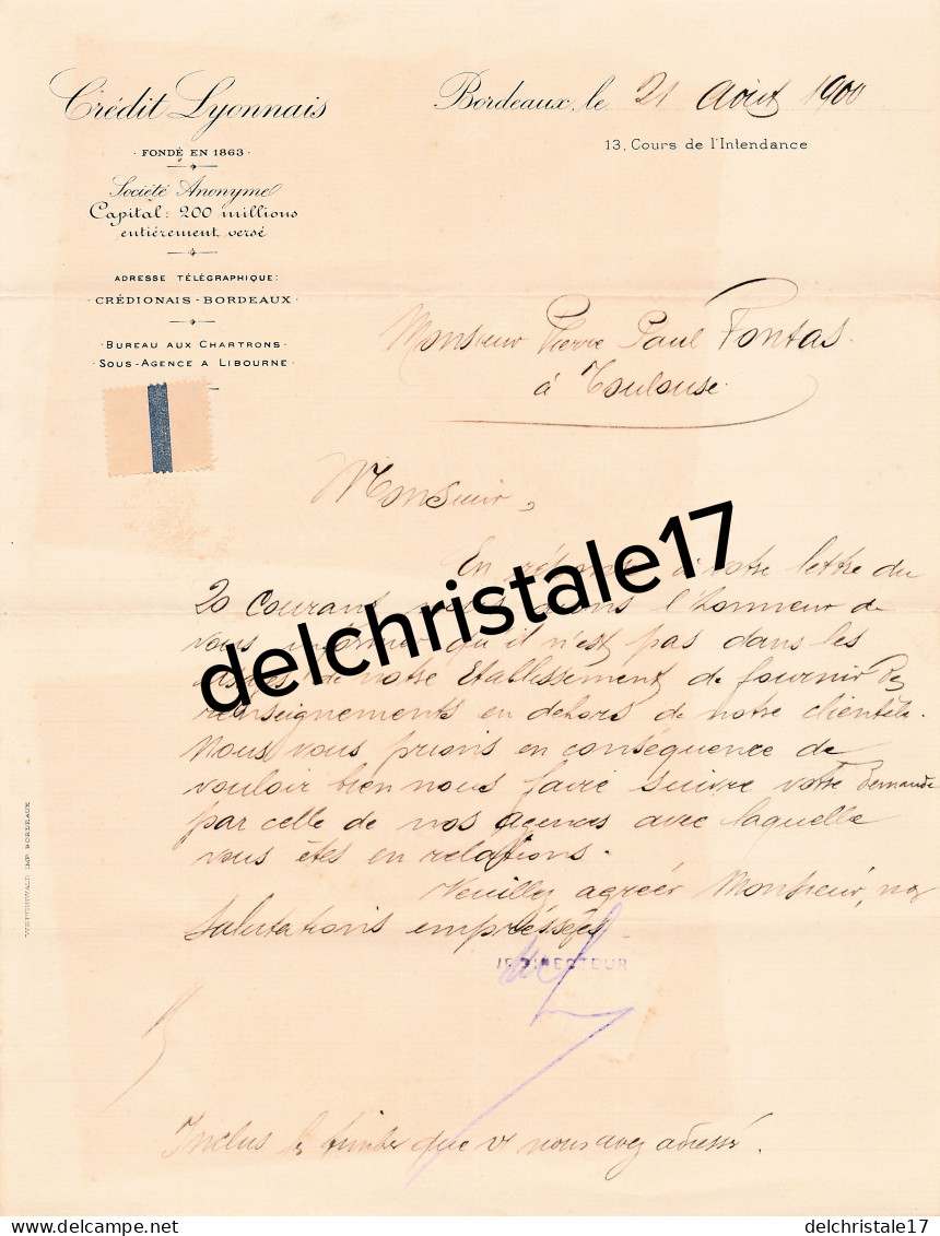 33 0394 BORDEAUX GIRONDE 1900 Entête Du Crédit Lyonnais Cours De L'Intendance Dest FONTAS - Banque & Assurance