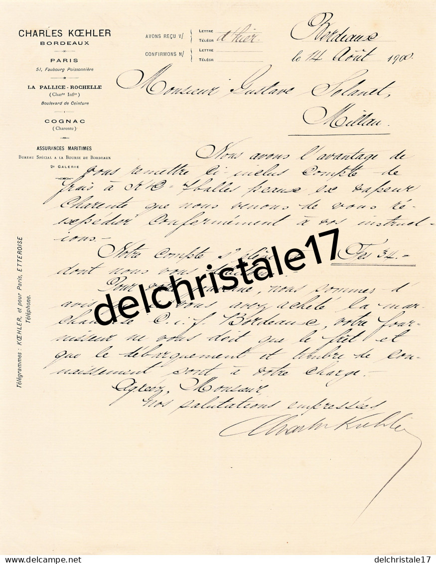 33 0401 BORDEAUX GIRONDE 1900 Assurances Maritimes Charles KOEHLER Agences PARIS LA ROCHELLE COGNAC à SOLANET - Banco & Caja De Ahorros