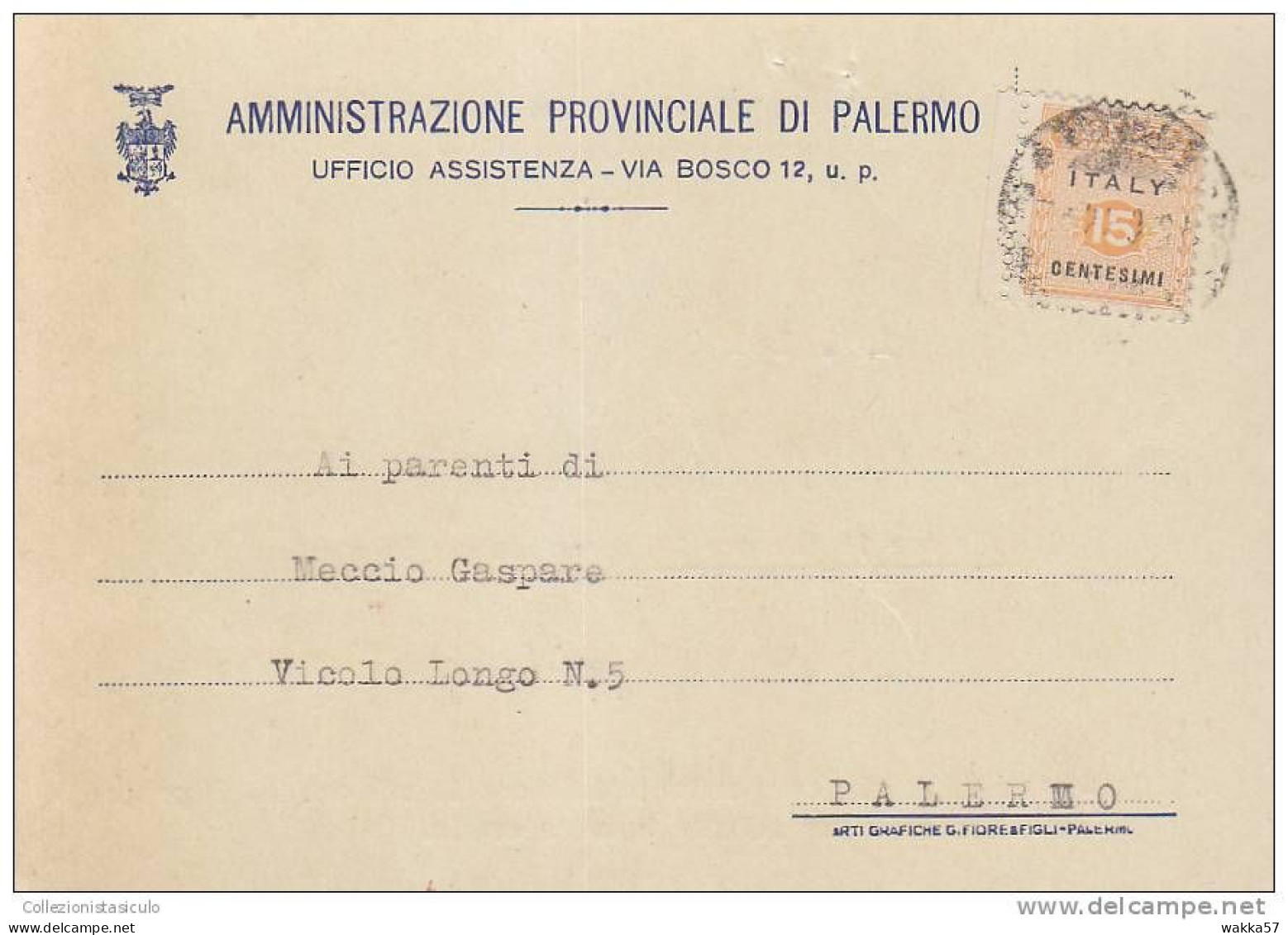 $-363- AMGOT Cent. 15 Cartolina Per Distretto Da Palermo X Città - Anglo-Amerik. Bez.: Sicilë