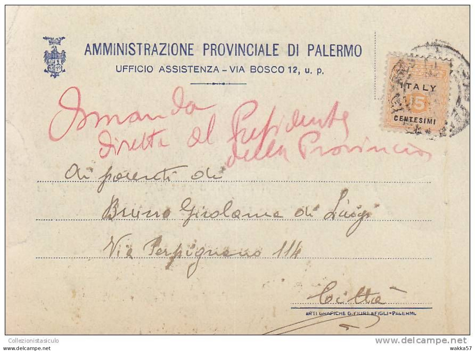 $-372- AMGOT Cent. 15 Cartolina Per Distretto Da Palermo X Città - Anglo-american Occ.: Sicily