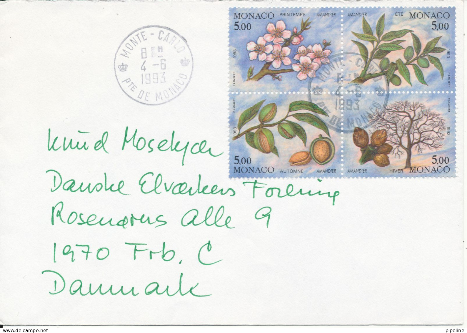 Monaco Cover Sent To Denmark 4-6-1993 With Topic Stamps Block Of 4 From A Minisheet - Covers & Documents
