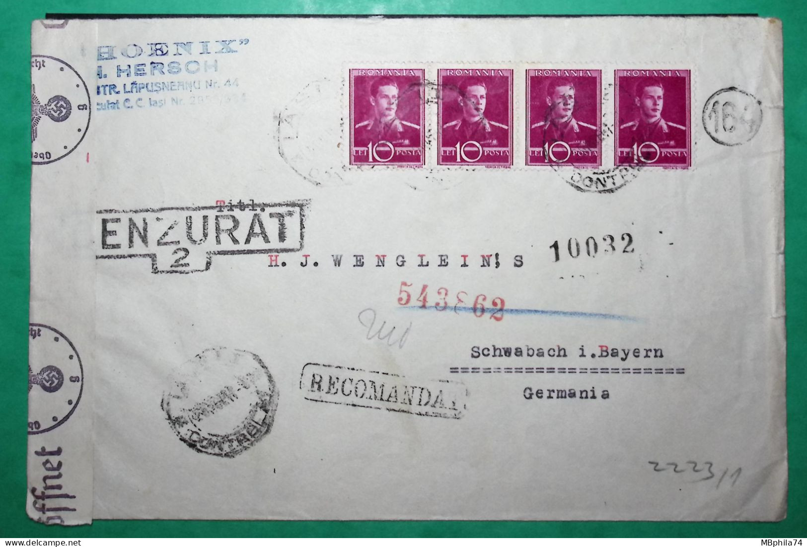 RECOMMANDE RECOMANDAT ROMANIA CENSOR CENZURAT FOR SCHWABACH GERMANIA DEUTSCHLAND WW2 - Lettres 2ème Guerre Mondiale