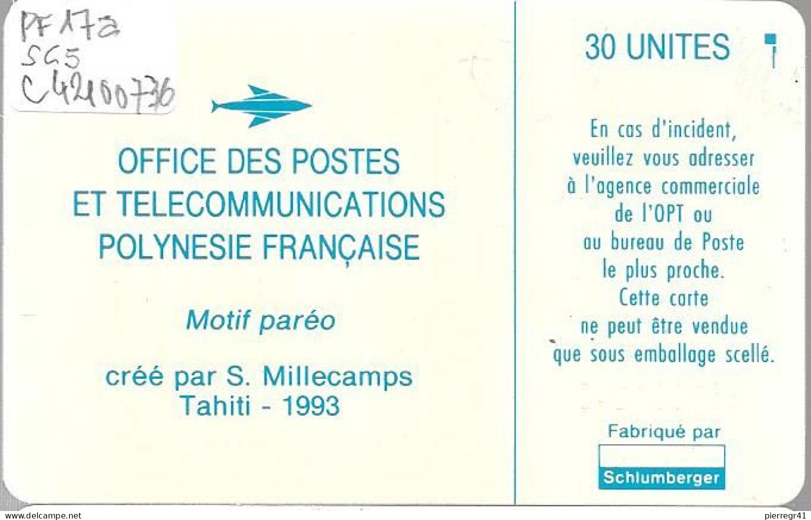 CARTE-PUCE-POLYNESIE-PF17a-30U-SC5-S/Entourage-PAREO BLEU Brillant-9 N°TGE-N°C42100736-UTILISETBE- - Polynésie Française