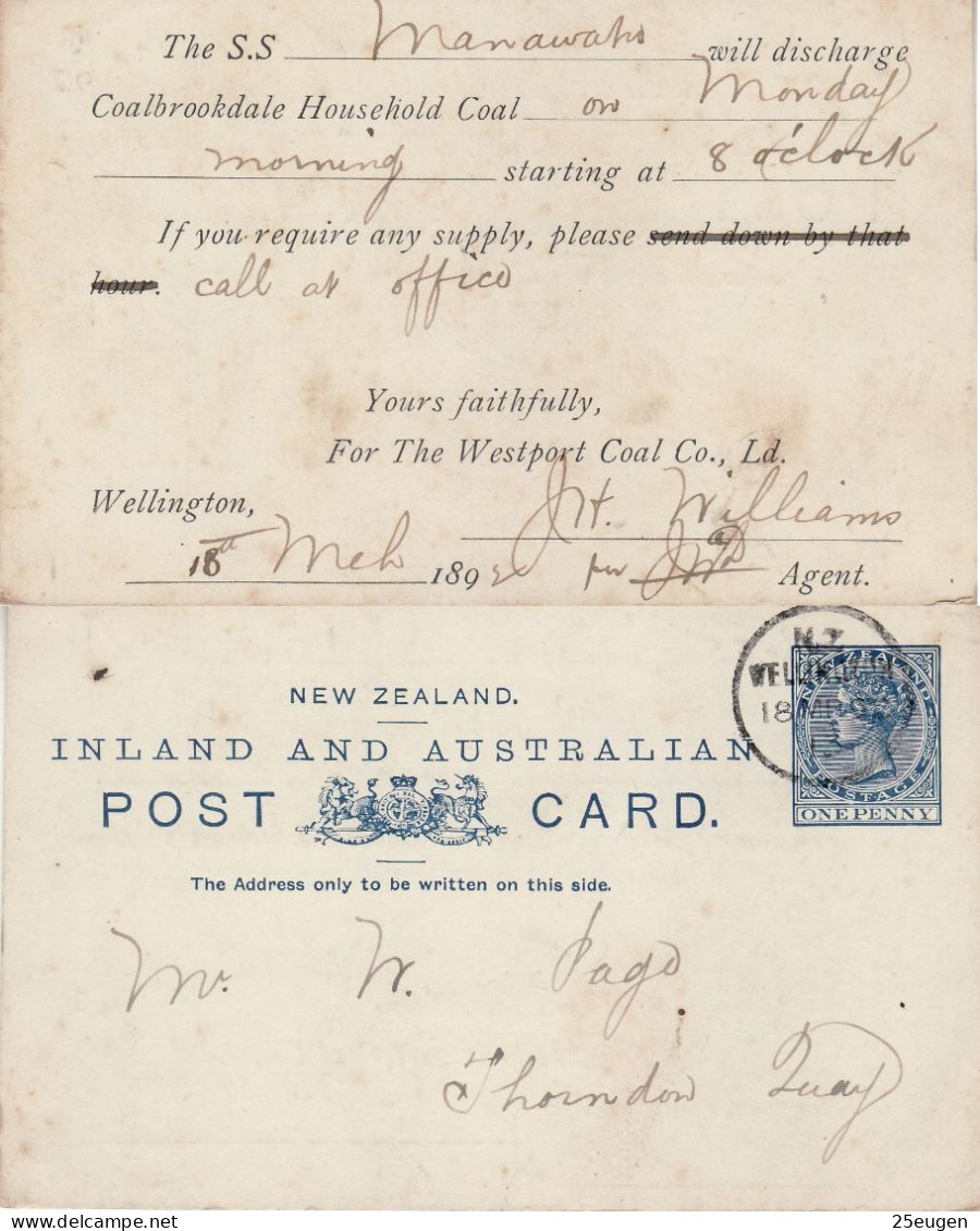 NEW ZEALAND 1892 POSTCARD SENT FROM WELLINGTON - Lettres & Documents