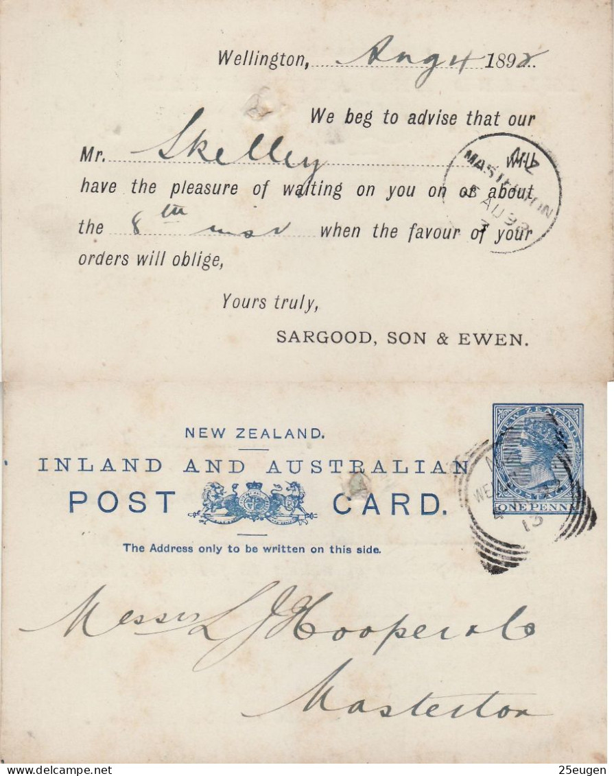 NEW ZEALAND 1892 POSTCARD SENT FROM WELLINGTON TO MASTERTON - Cartas & Documentos