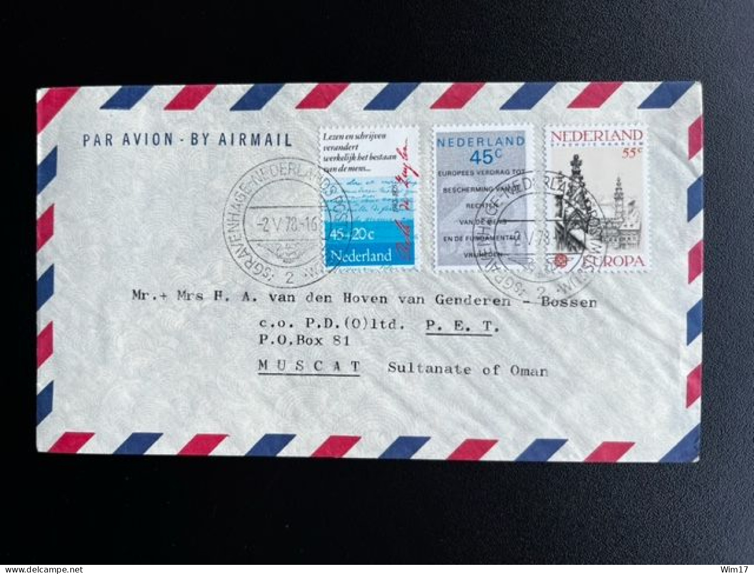 NETHERLANDS 1978 AIR MAIL LETTER 'S GRAVENHAGE TO MUSCAT OMAN 02-05-1978 NEDERLAND - Brieven En Documenten