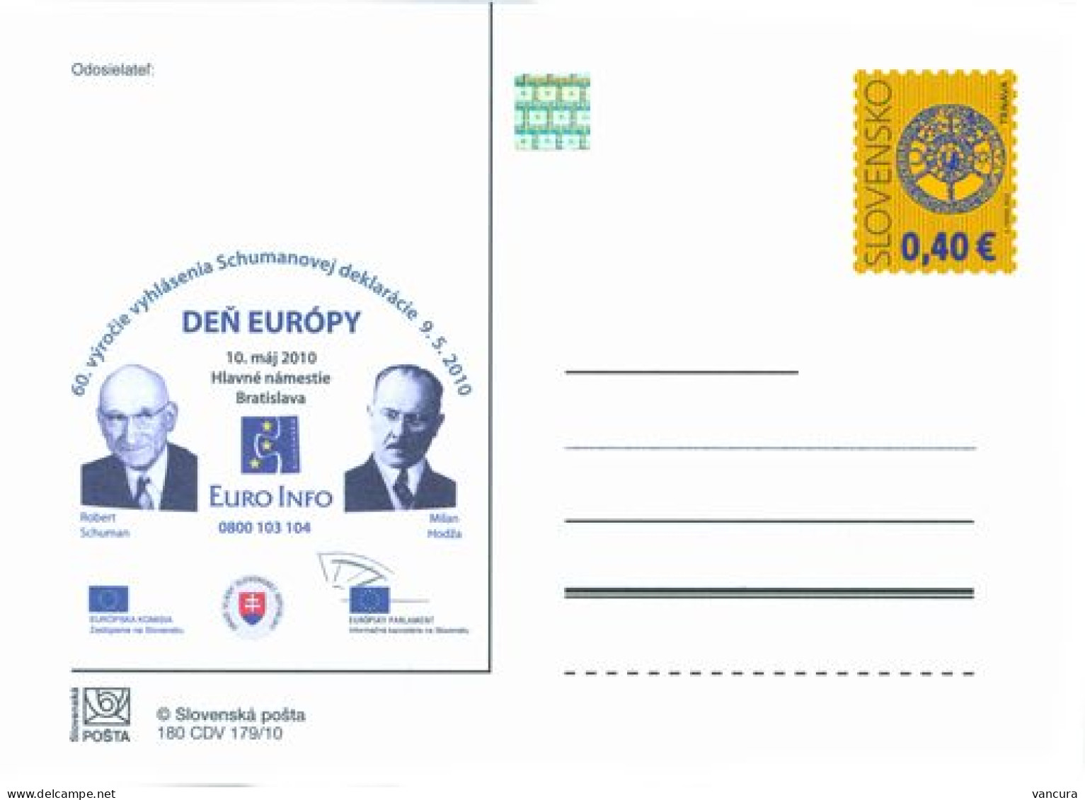 CDV 180 Slovakia Day Of Europe Robert Schuman Milan Hodza 2010 Schumann Declaration - Institutions Européennes