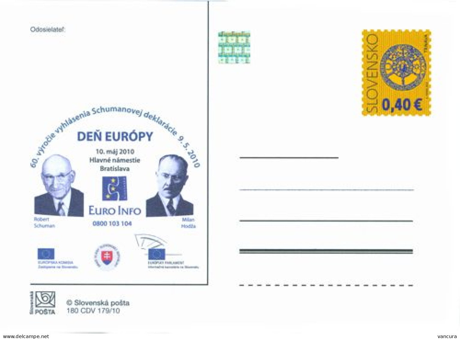 CDV 180 Slovakia Day Of Europe Robert Schuman Milan Hodza 2010 Schumann Declaration - Ansichtskarten