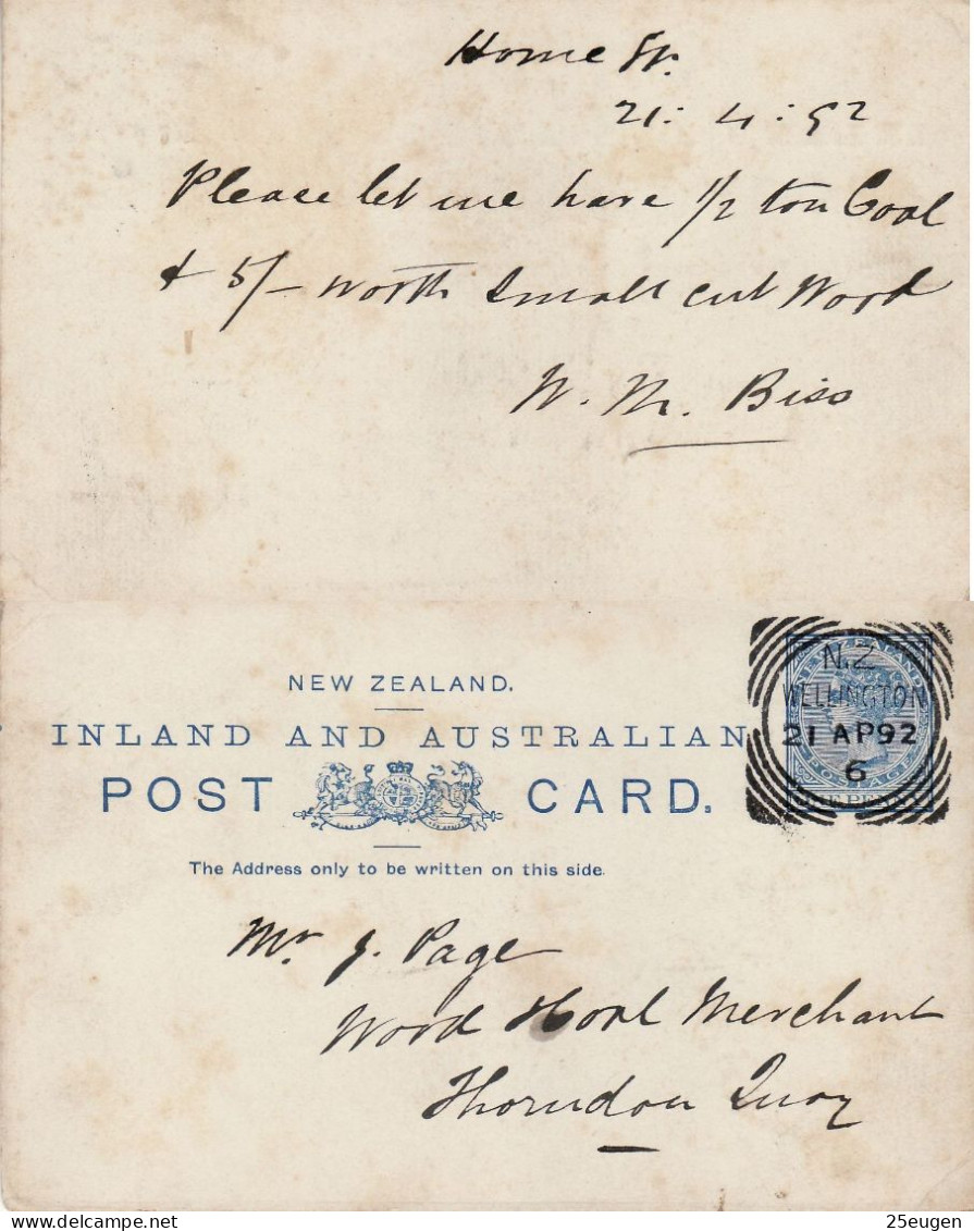 NEW ZEALAND 1892 POSTCARD SENT FROM WELLINGTON - Covers & Documents