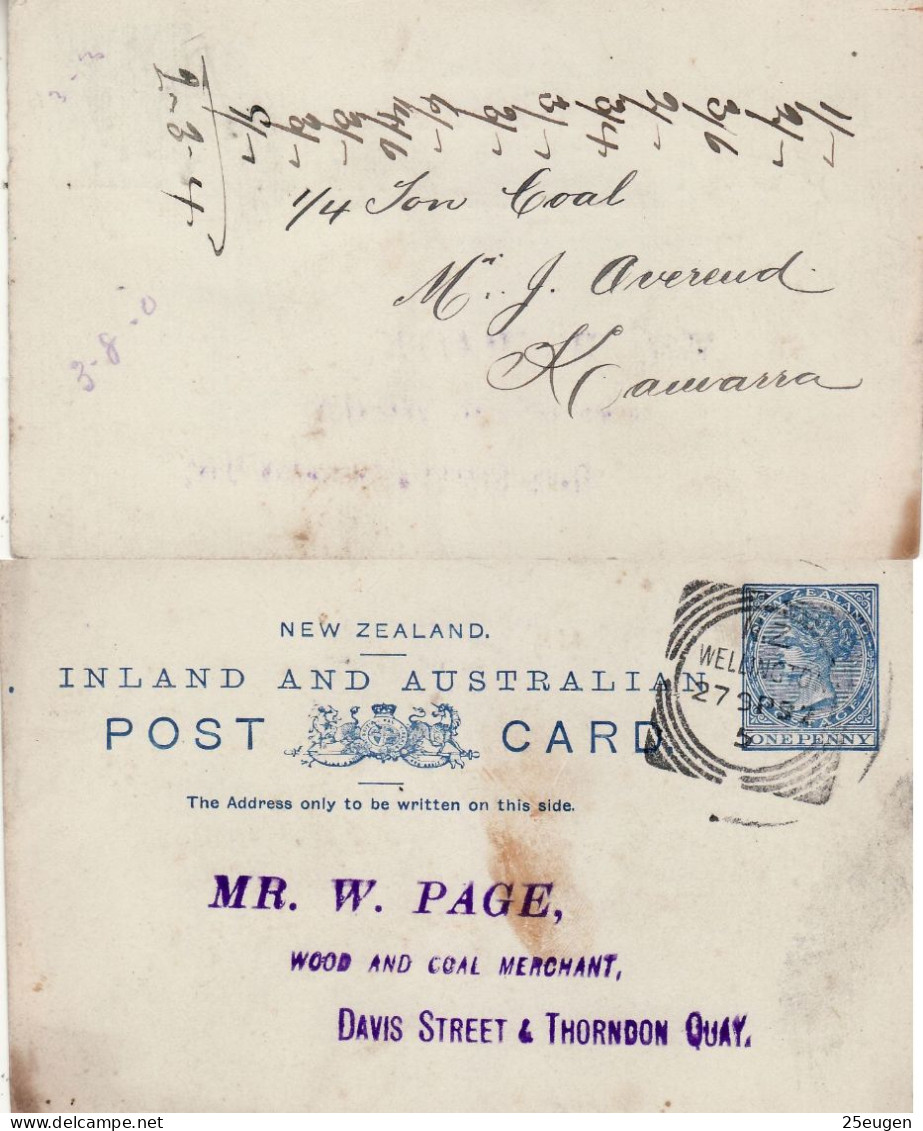 NEW ZEALAND 1892 POSTCARD SENT FROM WELLINGTON - Covers & Documents