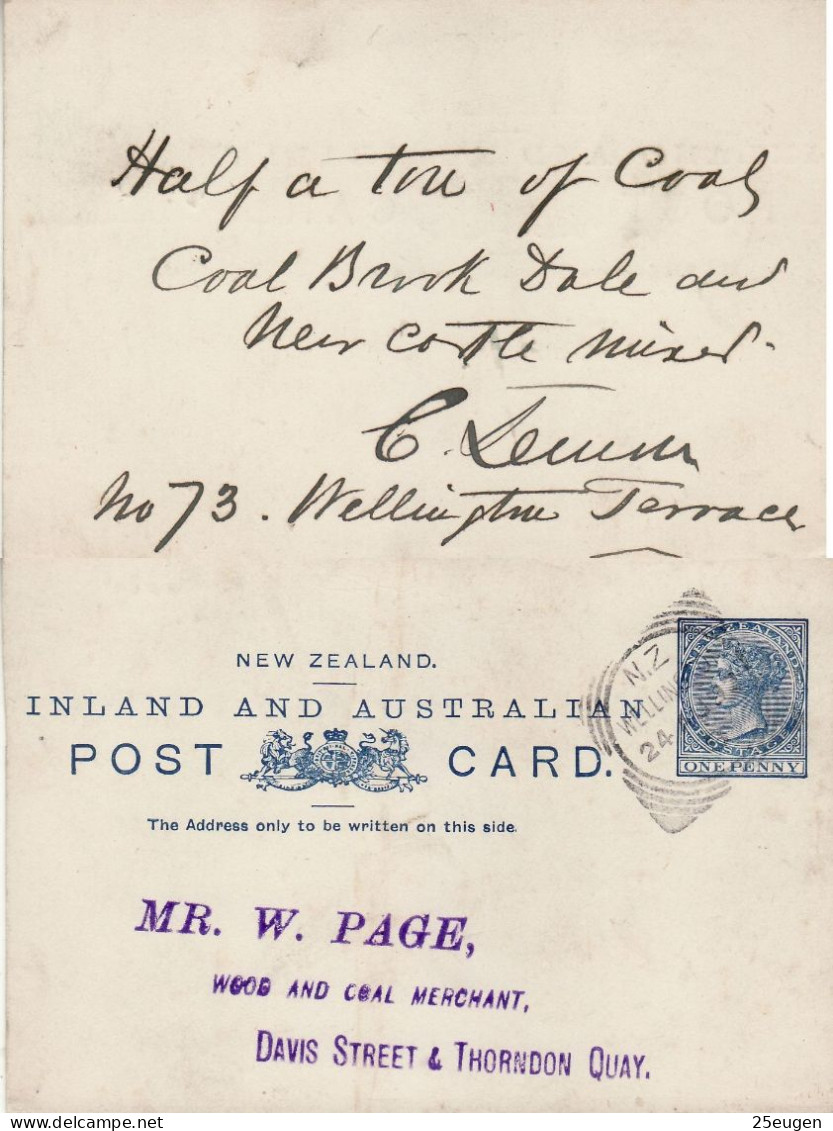 NEW ZEALAND 1892 POSTCARD SENT FROM WELLINGTON - Covers & Documents