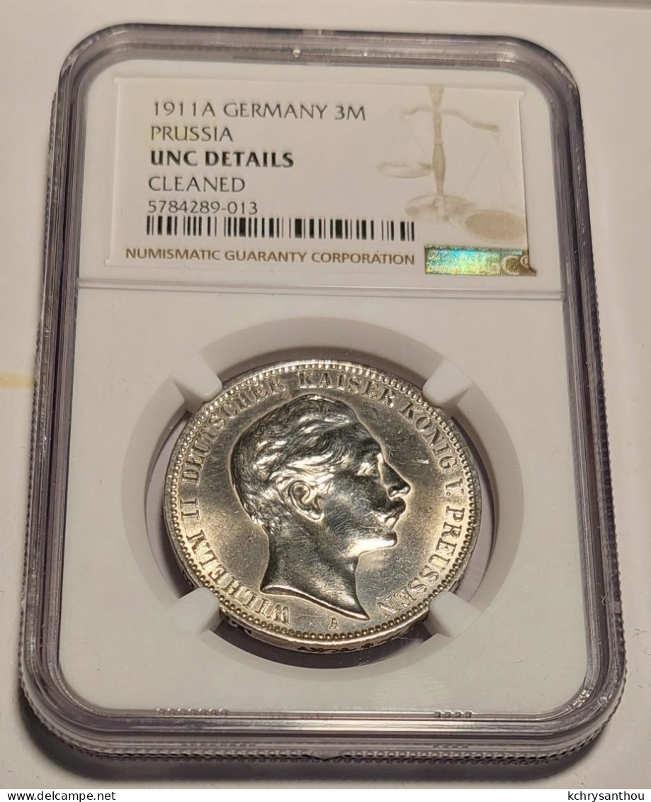 GERMANY -- PRUSSIA 3 Mark 1911A NGC UNC Details - 2, 3 & 5 Mark Plata