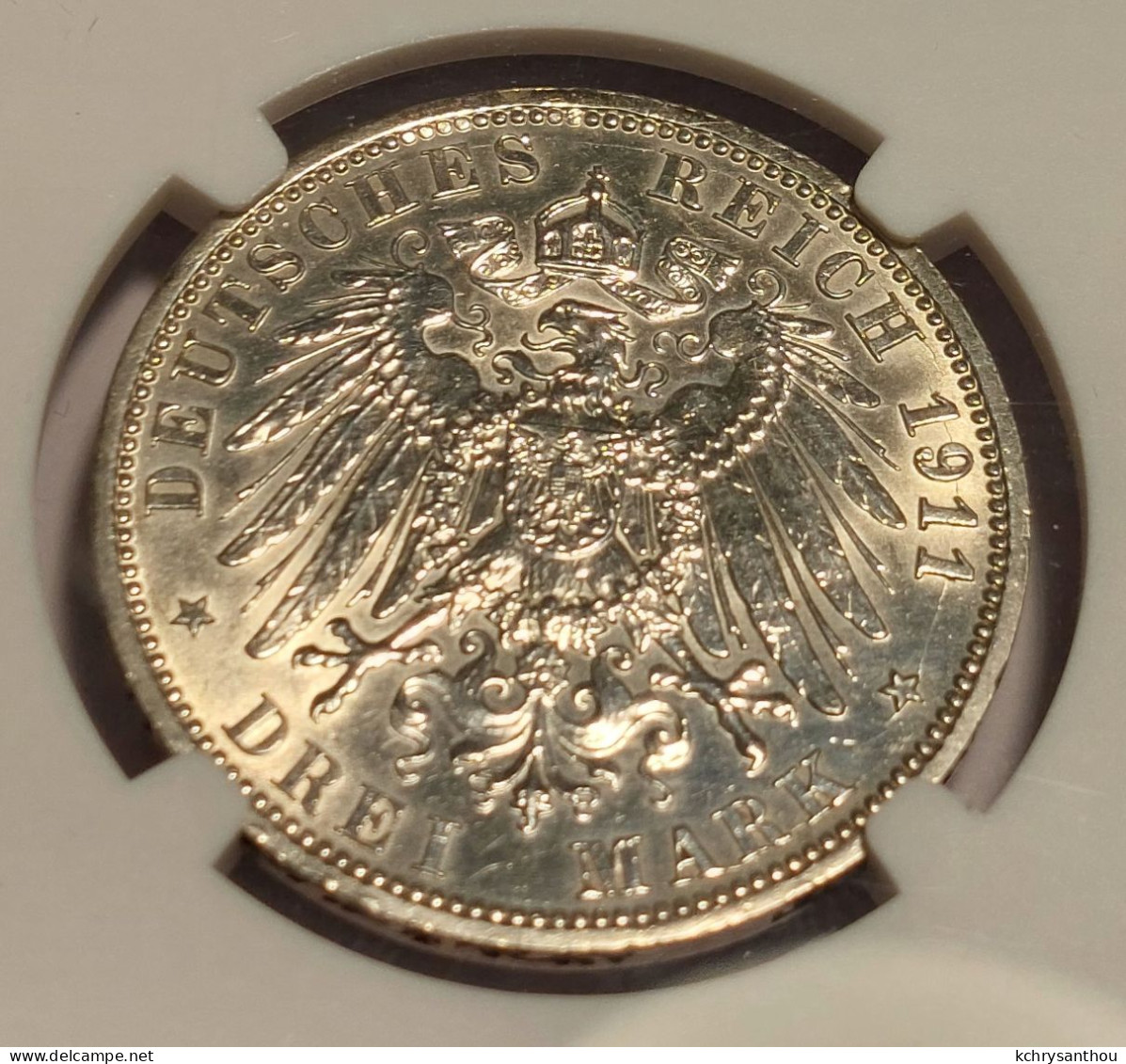 GERMANY -- PRUSSIA 3 Mark 1911A NGC UNC Details - 2, 3 & 5 Mark Argento