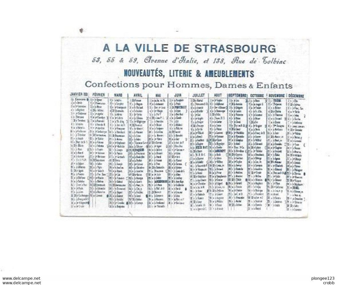 Chromo Calendrier 1900 Au Verso, A LA VILLE DE STRASBOURG, PARIS - Petit Format : ...-1900