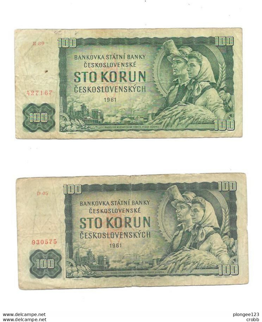 Lot De 2 Billets 100 Sto Korun, Bankovka Statni Banky 1961 - Tchécoslovaquie