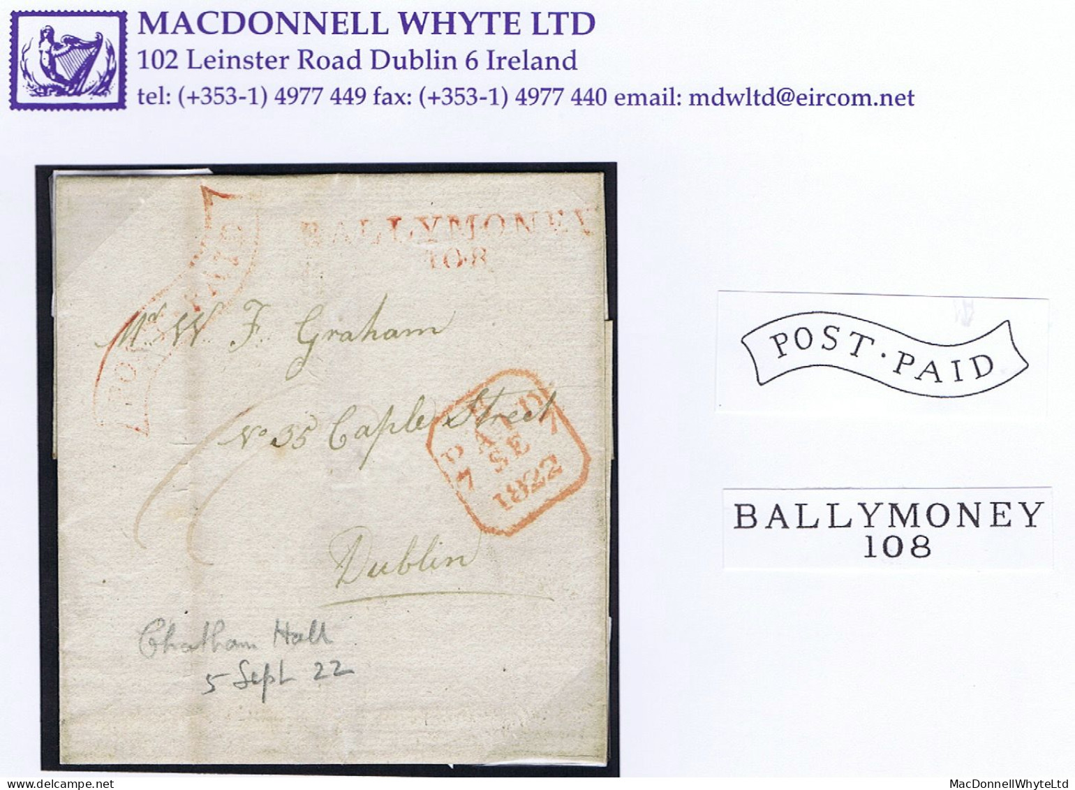 Ireland Antrim 1822 Cover To Dublin With Scroll POST-PAID Of Ballymoney, Matching BALLYMONEY/118 Town Mileage In Red - Prefilatelia